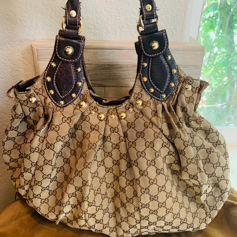 100%! Auth Gucci GG tan Canvas/leather Tan tote